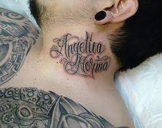 Angelica Norma Words Tattoo On Man Side Neck Tattoo Lettering Neck Tattoo Name Tattoos On Neck