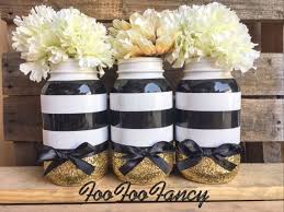 Black And White Centerpieces For Parties Black White And Gold Mason Jar Black And White Party Decor Etsy Gold Mason Jars Trendy Party Decor Baby Shower Flowers