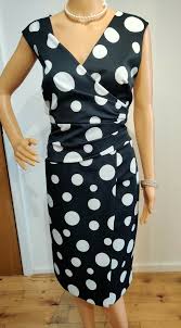 NEW HOBBS FITTED POLKA DOTS DRESS SIZE UK 14 US 10 BLACK WHITE 94% POLYESTER