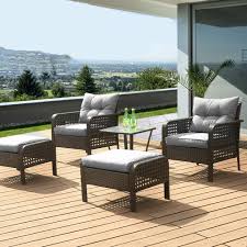 Square coffee table made z wood and fitted with 4 ottomans as additional seating. Luckwind Patio Sofa Chair Table Ottoman 5 Piece All Weather Brown Checkered Wicker Rattan Seating Olefin 3 Layered Ergonomic Cushion Modern Glass Coffee Table Outdoor 300lbs Grey Buy Online In Antigua And Barbuda