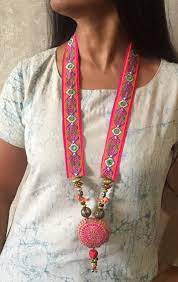 Boho Beaded Indian Fabric Necklace Handmade Fabric Jewellery Charm Cushioned Pendant Bib Neckpiece S Fabric Jewelry Diy Fabric Jewellery Fabric Necklace