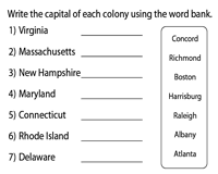 Colonial America Worksheets Thirteen Colonies