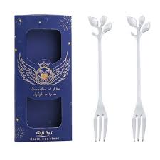 2pcs /Pack Stainless Steel Spoon And Fork Cutlery Set, Style: Leaf Fork+Blue  Box (Silver)