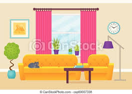 The standout for this set is the artwork, featuring a plethora of shapes that back drop the living room couch. Living Room Interior Vector Illustration Flat Design Living Room Interior Vector Illustration Lounge With Furniture Canstock