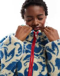 Daisy Street Floral Borg Zip Through Jacket in Blue