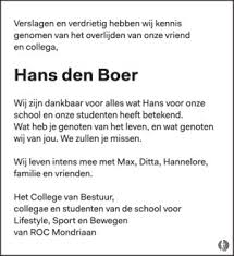 Mail naar info@stedelijk.nl of kom langs in de bibliotheek van het stedelijk museum. Hans Den Boer Mensenlinq Nl De Weekkrant Overlijden Nieuws Condoleances En Familieberichten