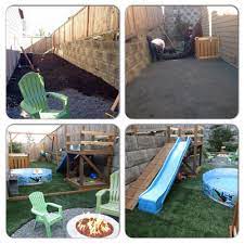 Before And After Small Back Yard And Side Yard Re Do For Kids Slide Fort Sandbox Swing Set Turf Fire Pi Backyard Backyard Fun Small Backyard Landscaping