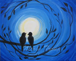 Two Silhouette Birds In Moonlight Art Print Signed By Artist Nicole Troup Two Love Birds Art Print Acrylic Bird Painting Moon Painting Bilder Malen