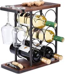 Additional storage, solid wood, stemware holder. Buy Wine Rack With Glass Holder Countertop Wine Rack Wooden Wine Holder With Tray Perfect For Home Decor Kitchen Storage Rack Etc Hold 6 Bottles And 2 Glasses Online In Indonesia B08gjrwkp2