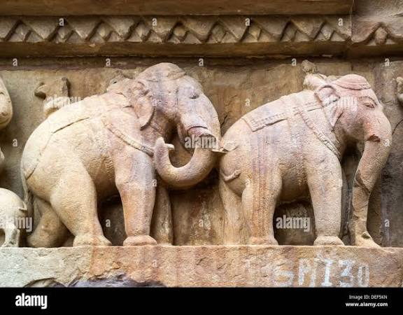 Elephants: Sculpture detail on Hindu temple, built by Chandela Rajputs, at Western site in India's Khajuraho Stock Photo - Alamy