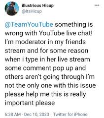 Snippet from his live stream dated 10/21/2015 to view the entire video: Some Youtube Creators Mods Claim Live Chat Comments Are Not Showing