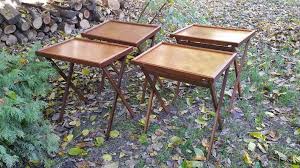 Prepare for large parties or family gatherings with an adjustable height table that can be set to various heights to accommodate different people. Vintage Mid Century Burl Wood Folding Tv Tray Table Set Of 4 With Stand Bluff City Manufacturing Memphis Tn Burled Wood Vintage Mid Century Tv Tray Table
