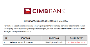 Iklan kerja kosong kerajaan & jawatan kosong terkini kerajaan, spa & swasta. Jawatan Kosong Di Cimb Bank Malaysia Kelayakan Spm Diploma Ijazah Jawatan Kosong Kerajaan Swasta Terkini Malaysia 2021 2022