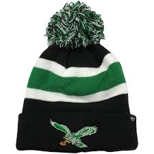 Black ribbed acrylic knit crown and cuff, soft light grey poly li. Philadelphia Eagles Throwback Bird Kelly Green Striped Knit Pom Beanie Cap Swag