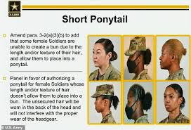 The changes authorize women to wear earrings in their army combat uniforms, except in field environments where access to hygiene is limited. Army Draws Up New Rules For Female Soldiers With Braids Ponytails Bangs Nail Polish Allowed Daily Mail Online