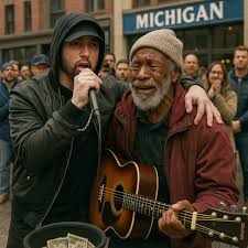 Eminem stumbled upon a struggling street artist trying to make a living on  Michigan's streets with no audience. He stepped in, grabbed the mic, and a  crowd began to gather. Recognizing Eminem,