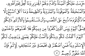 Bangkai, darah, daging babi, hewan yang disembelih bukan atas nama allah, hewan. Surat Al Ma Idah Ayat 3 Latin Dan Artinya Perkata Ridpir