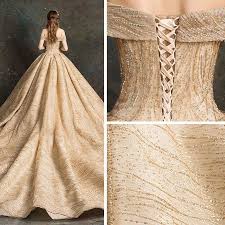 Luxury Gorgeous Gold Wedding Dresses 2019 Ball Gown Off The Shoulder Short Sleeve Backless Beading Glitter Tulle Cathedral Train Ruffle Gold Wedding Dress Gold Wedding Gowns Debut Gowns