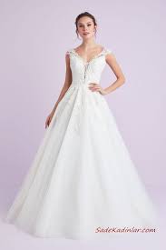 2020 Oleg Cassini Gelinlik Modelleri Beyaz Kalin Askili V Yakali A Kesim Dantel Islemeli The Dress Gelinlik Beyaz Dugun Elbiseleri