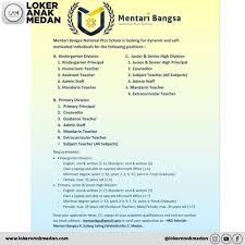 Sumber utama lowongan kerja medan khusus loker di kota medan yang di informasikan oleh poskerjamedan, kali ini poskerjamedan.com akan menginformasikan loker medan terbaru di. Lowongan Kerja Sekolah Mentari Bangsa Loker Anak Medan Facebook