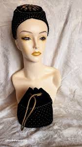 Vintage 40's Le Minor Bretagne French Black Velvet Beaded Hat & Purse