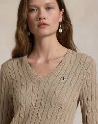 Cable-Knit Cotton V-Neck Jumper for Women