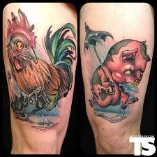 · a tattoo of a pig on the left knee and a rooster (cock) on the right foot signified pig on the knee, safety at sea. What Does Pig And Rooster Tattoo Mean Represent Symbolism