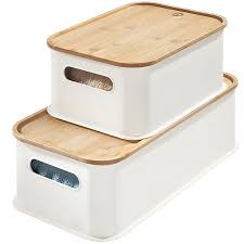 The interchangeable lids are bamboo with a silicon seal fit into a groove in the lid. Idesign Eco Stacking Bin With Bamboo Lid Bed Bath Beyond