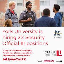 York University is #hiring 22 Security Official III positions to provide  security services to the University's community. If you are interested in  applying for this role please complete this Expression of Interest