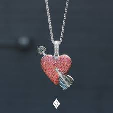 Solid 18k White Gold Heart Arrow Emoji Pendant Fully Iced Out With Vs White Blue Diamond Arrow Through Pink Sapph Blue Diamond Heart With Arrow White Gold