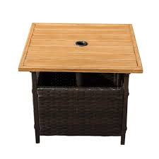 Sunlife Patio Woodgrain Side Table With Umbrella Hole Umbrella Base Stand Outdoor Furniture Bistro Solid Wood Coffee Table Wicker Side Table Coffee Table Wood