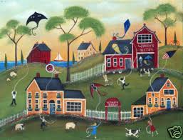 Kites Cow Sheep Barn Farm Folk Art Print 12x16 Folk Art American Folk Art Art Pictures Ideas