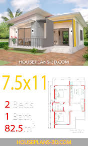 House Plans 7 5x11 With 2 Bedrooms Full Plans House Plans 3d In 2020 Bungalow House Plans Small House Design Plans House Plans