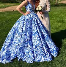Sherri Hill Prom Dress Wedding Dress Blue White Pattern Ball Gown Size 0 Prom Dresses Prom Dresses Ball Gown Sherri Hill Prom Dresses Prom Dresses Blue
