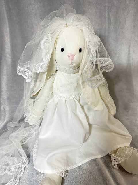 Vintage Rag Doll Floppy Ear Bride Bunny Rabbit Handmade Wedding Day White Dress