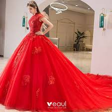 Kurze brautjungfer kleid mit spitze mieder mit chiffon rock. Chinesischer Stil Rot Brautkleider Hochzeitskleider 2019 Ballkleid Stehkragen Perlenstickerei Kristall Spitze Blumen Pailletten Kurze Armel Ruckenfreies