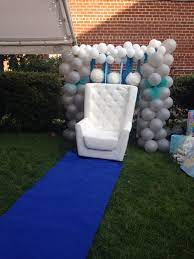 Prince Themed White Leather Mom To Be Chair With Royal Blue Runner For The Queens Lol Prince Baby Shower Theme Baby Shower Chair Prince Baby Shower