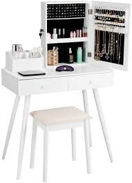Amazon Com Giantex Makeup Vanity Set With Lockable Jewelry Cabinet And Mirror 4 Makeup Organizers 2 Sliding Drawers Makeup Table With Cushioned Stool 2 In 1 Dressing Table With Jewelry Armoire Kitchen Dining