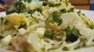 It contains cold meat (usually beef), boiled potatoes, boiled eggs, cucumbers and green onion. Kedgeree Wikipedia