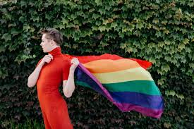 Maybe you would like to learn more about one of these? Nicht Binare Person In Rotem Kleid Die Eine Regenbogenfahne Halt Wahrend Sie Gegen Eine Efeumauer Steht