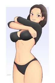 lackatask, abigail shapiro, real life, highres, 1girl, black bra, black  panties, black shirt, border, bra, breasts, brown hair, clothes lift,  gradient background, looking at viewer, medium breasts, navel, panties,  parted lips, purple