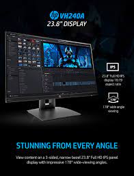 Viewable image area (diagonal) 60.45 cm (23.8 in) widescreen. Buy Hp Vh240a 23 8 Inch Full Hd 1080p Ips Led Monitor With Built In Speakers And Vesa Mounting Rotating Portrait Landscape Tilt And Hdmi Vga Ports 1kl30aa Black Online In Uae