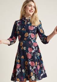 Evolving Itinerary Tie Neck Dress In Navy Floral A Line Dress Work Tie Neck Dress Frock For Women