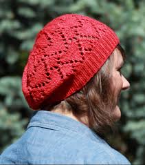 This slouchy beret is designed to be knit in two colours to ccentuate the distinctiveness of the s. Free Knitting Pattern For Ruby Red Heart Hat A Slouchy Beret With Heart Lace Motif Knitting Knitting Patterns Knitting Patterns Free