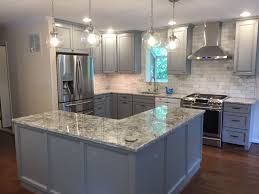 Bright Blue Grey Kitchen Created With Baltic Bay Thomasville Cabinets White Ice Granite Gree Grey Blue Kitchen Blue Gray Kitchen Cabinets Light Blue Kitchens
