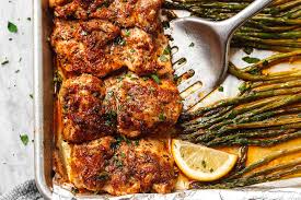 Chicken thighs, spicy sausage, sweet bell peppers, and potatoes bake in a hot oven to a rich. Oven Baked Chicken Recipe With Asparagus Eatwell101