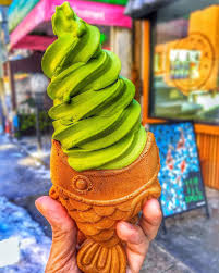 Matcha Ice Cream With Custard In Side The Fish At Taiyaki Nyc Checkout My Instagram For More Information Matcha Ice Cream Dessert Drinks Trendy Food