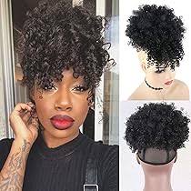 Amazon.com : LEOSA Afro Puff Drawstring Ponytail Bun with Bangs Synthetic  Short Kinky Curly Ponytail Updo Hair Extensions with Two Clips Natural  Looking Curly Women : Beauty & Personal Care