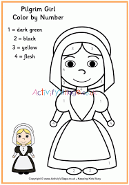 Color by number * thanksgiving coloring page. Pilgrim Girl Colour By Number Thanksgiving Colouring Pages For Kids