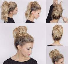 Easy Messy Bun From Ponytail Made On Blonde Hair Fast Hairstyles Hair Styles Short Hair Styles Easy